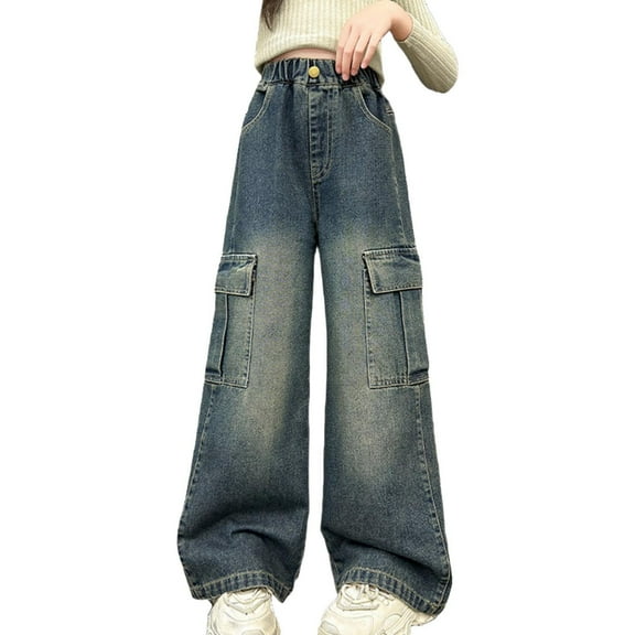 Girls Cargo Jeans Streetwear Casual High Waisted Wide Leg Pants Baggy Denim Trousers with Pockets for Teen Size 5-15