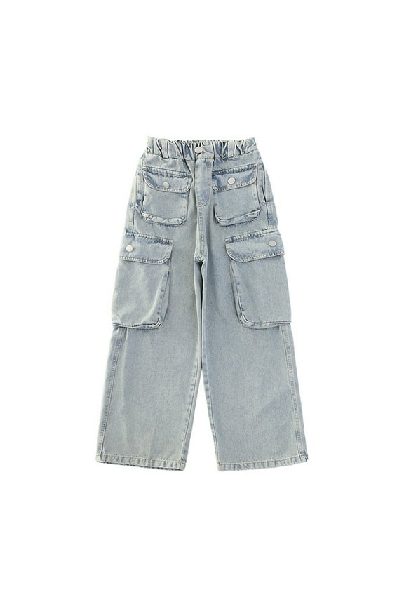 Girls' Cargo Jeans with Flap Pocket, Wide Leg and Split Hem Boyfriend Denim Pants 4-16 Years