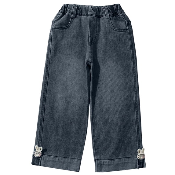 Girls Cargo Jeans with Pockets Elastic Waist Pull-On Casual Demin Pants Relaxed Fit Solid Color Long Trousers Streetwear Back To School Fashion