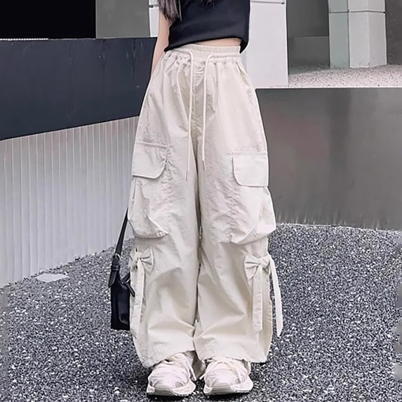 Girls Cargo Jogger Pants with Bowknots High Elastic Waist Baggy Pants Hip Hop Trousers Casual Streetwear