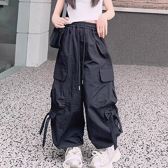 Girls Cargo Jogger Pants with Bowknots High Elastic Waist Baggy Pants Hip Hop Trousers Casual Streetwear
