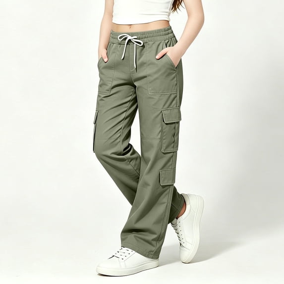 Girls Cargo Pants(4-15), Elastic Waist with Drawstring Joggers with Multi-pockets 5-14 Years