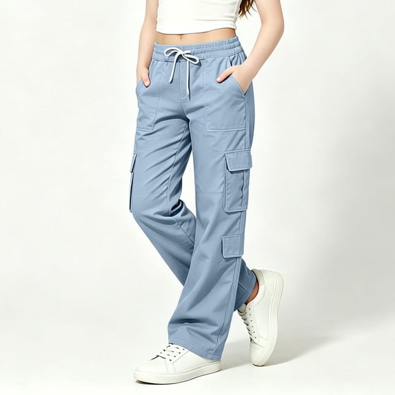Girls Cargo Pants(4-15), Elastic Waist with Drawstring Joggers with Multi-pockets 5-14 Years