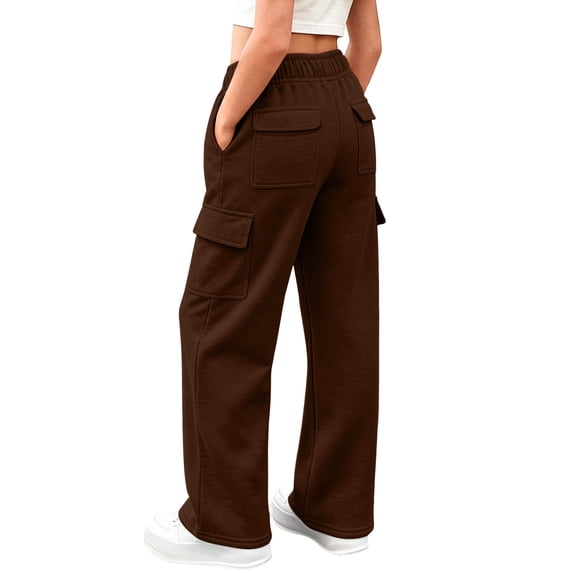 Girls Cargo Pants 5-15Y Multi-Pocket Straight Leg Sweatpants Elastic Waist Casual Trousers for School Outdoor Daily Wear