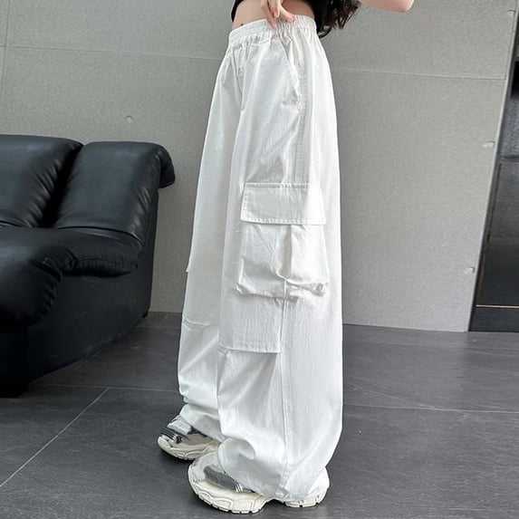 Girls Cargo Pants Casual Elastic Waist Baggy Cargo Pants Streetwear Pants White Pants for Kids, Size 6-16 Years