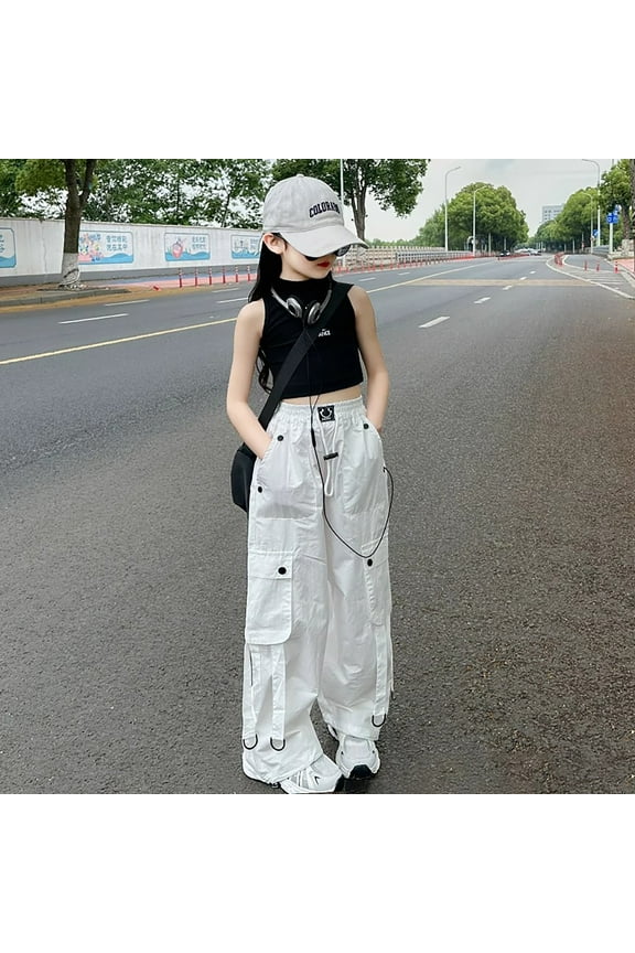 Girls Cargo Pants Classic Fit Baggy Pants Kids Elastic High Waisted White Cargo Pants with Pocket Kids Clothes Girls Size 12-13 Years