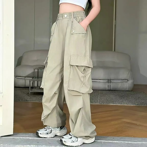 Girls Cargo Pants Elastic Waist Loose Fit Trousers with Pockets (Khaki 6-7 Years)