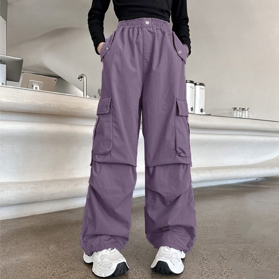 Girls Cargo Pants Elastic Waistband Relaxed Fit Hop Wide Leg with Multipule Pocket for Season Clothes Fall-Purple,9-10 Years