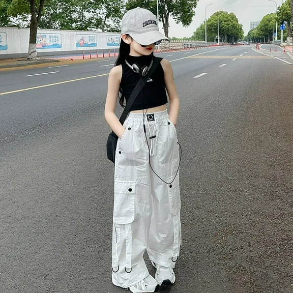 Girls Cargo Pants Fashion Jogger Pants for Girls Stretch Elastic Waist White Cargo Pants with Pockets Outfits for Girls 12-13 Years