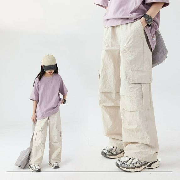 Girls Cargo Pants Relaxed Fit Baggy Cargo Pants High Elastic Waisted Beige Cargo Pants with Pockets Girl Pants Size 4-5 Years
