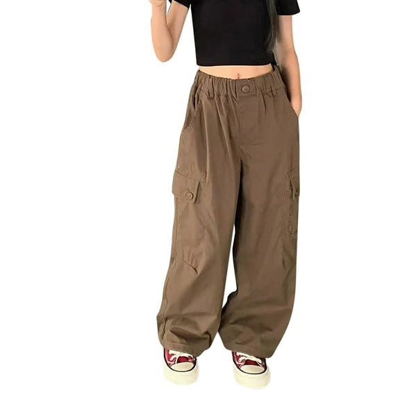 Girls Cargo Pants Relaxed Fit Baggy Cargo Pants High Elastic Waisted Brown Cargo with Pockets Girls Summer Clothes 6-7 Years