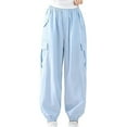 thumbnail image 1 of Girls Cargo Pants Relaxed Fit Baggy Cargo Pants Wide Leg Blue Cargo Pants with Pockets Girls Summer Clothes 7-8 Years, 1 of 4