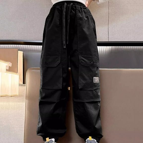 Girls Cargo Pants Relaxed Fit Jogger Pants for Girls Stretch Elastic Waist Black Cargo with Pocket Girl Pants Size 13-14 Years
