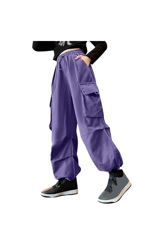 Girls Cargo Pants Size 12 Baggy Parachute Pants Wide Leg High Waisted Drawstring Trendy with Pockets Kid Cargo Sweatpants,,11-12 Years