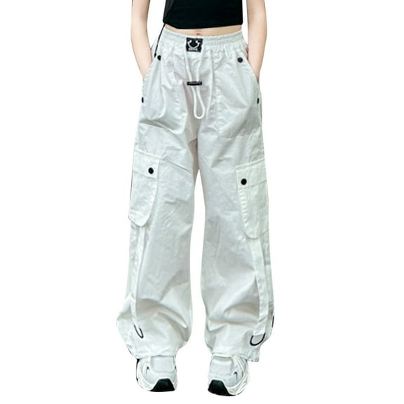Girls Cargo Pants Slim Fit Baggy Pants Kids Wide Leg White Cargo Pants with Pocket Girls Pants Size 4-5 Years