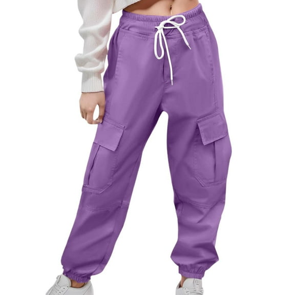 Girls Cargo Pants Slim Fit Jogger Pants for Girls Wide Leg Purple Cargo with Pockets Girl Pants Size 9-10 Years