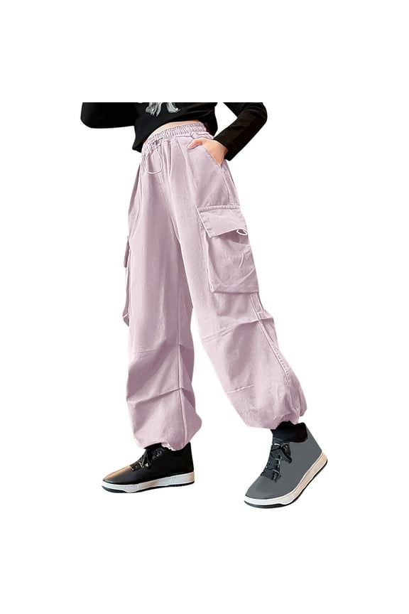 Girls Cargo Pants Solid Color Drawstring Street Dance Active Sports Loose Sweatpants with Pockets Size 3 Y-4 Y,Pink