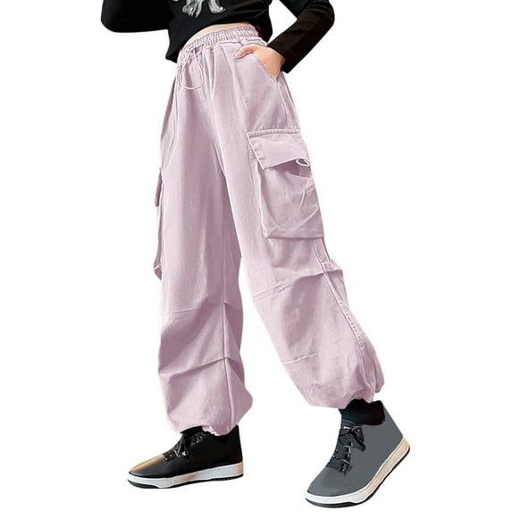 Girls Cargo Pants Solid Color Drawstring Street Dance Active Sports Loose Sweatpants with Pockets Size 5 Y-6 Y,Pink