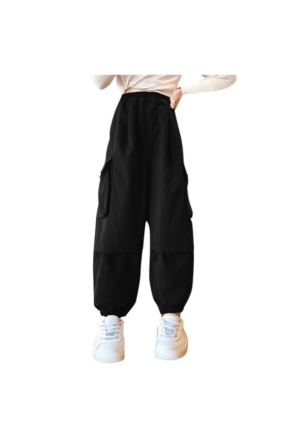 Girls Cargo Pants Teens High Waist Baggy Solid Casual Trousers Loose Fitting Dance Sport Streetwear with Multi Pockets High Waisted Cozy Pants Black 15Y