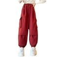 thumbnail image 1 of Girls Cargo Pants Teens High Waist Baggy Solid Casual Trousers Loose Fitting Dance Sport Streetwear with Multi Pockets Boys Drawstring Pants 9Y, 1 of 7