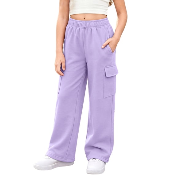 Girls Cargo Pants Wide Leg Sweatpants Baggy Casual Athletic Pants Elastic High Waist Joggers with Multi Pockets Purple 130