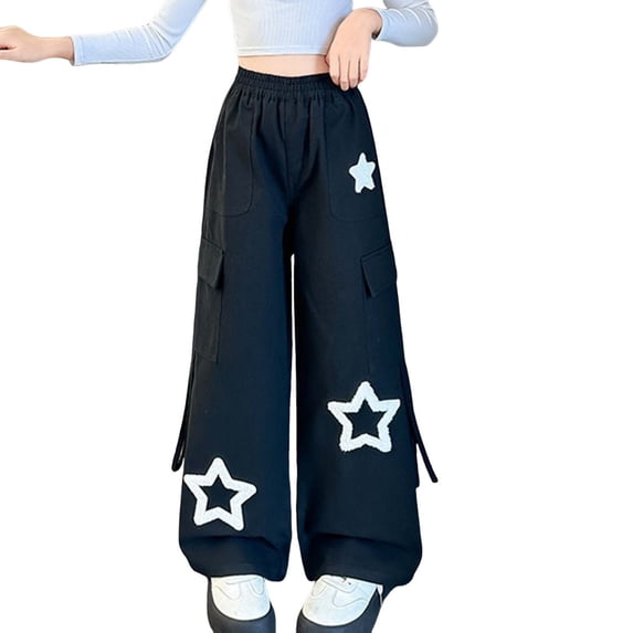 Girls' Cargo Pants with Stars Applique Multi-Pockets Elastic High Waisted Wide Leg Trouser Sweatpants Summer (8-9 Years, Black)