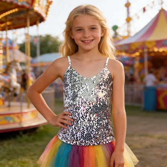 Girls Carnival Adjustable Elastic Band Sequined Belly Top for Children Over Five Years Old Short Sleeve Shirt for Girls Tees Kids Tshirts Clothes Summer Tops T-Shirt