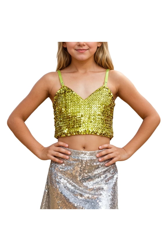 Girls Carnival Adjustable Elastic Band Sequined Navel Exposing Top for Children Age 5 and Up Tween Kids Summer Soft Comfy Cute Teen Basic Tees