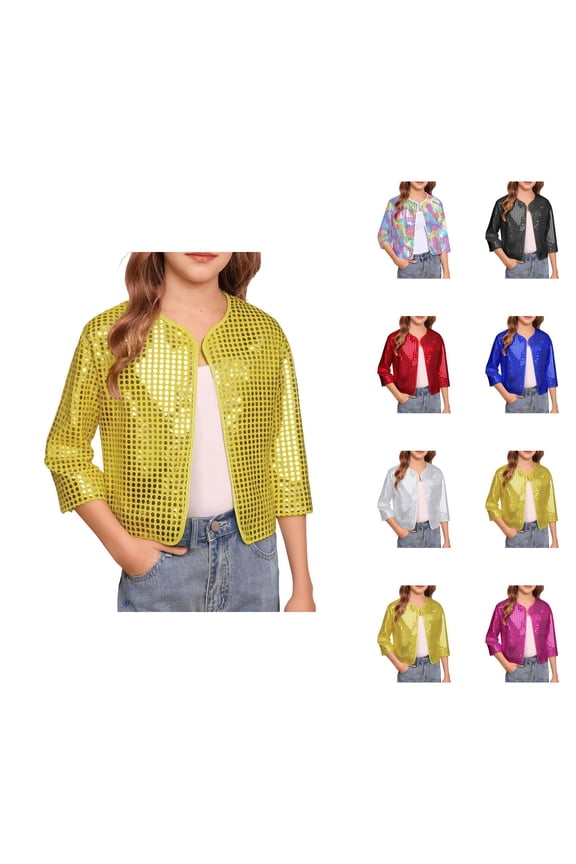 Girls Carnival Cheerleader Stage Performance Jacket With Sequins And Polka Design Sparkly Open Front Cardigan
