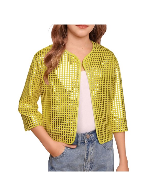 Girls Carnival Cheerleader Stage Performance Jacket With Sequins And Polka Design Sparkly Open Front Cardigan