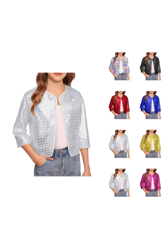 Girls Carnival Cheerleader Stage Performance Jacket With Sequins And Polka Design Sparkly Open Front Cardigan