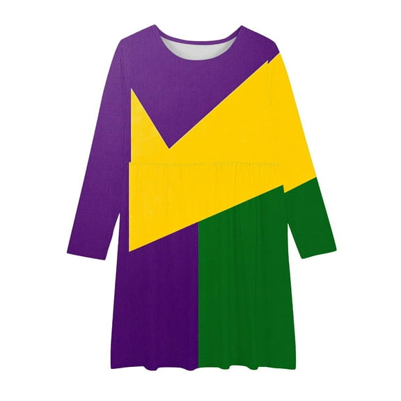 Girls Carnival Dress Swing Long Sleeve Dress Printed Tea-Party Cotton Dresses Casual A-Line Fall Dresses, Green, 13 Years