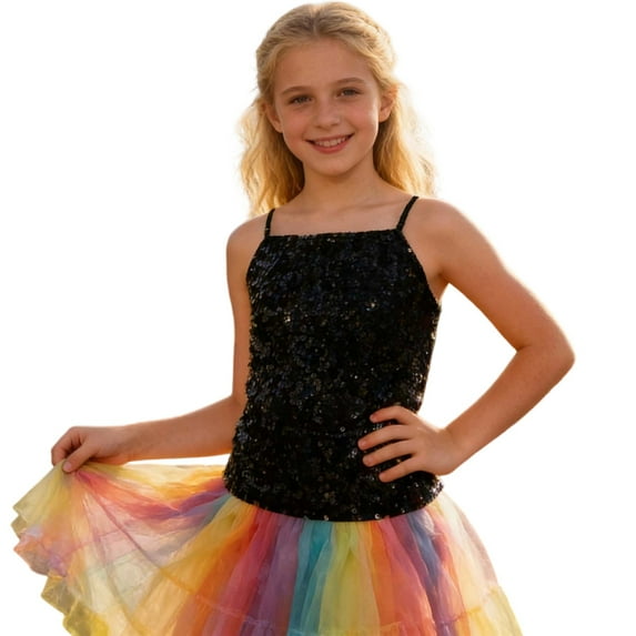 Girls Carnival Glitter Sequin Adjustable Elastic Band Crop Top for Kids and Teens Tween Kids Summer Soft Comfy Cute Teen Basic Tees
