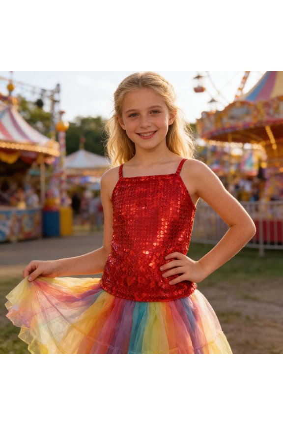 Girls Carnival Glitter Sequin Crop Top Adjustable Elastic Band Navel Exposing Tee for Kids T-Shirts Kids Short Sleeve Crewneck Solid Basic Tees Casual Tops