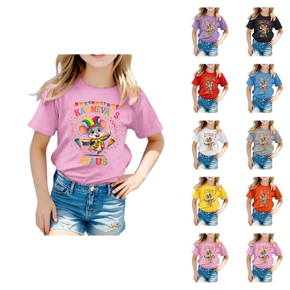 Girls Carnival Print Short Sleeve T-Shirt Colorful Festival Graphic Round Neck Top for Kids 3/4 Sleeve Gradient T-Shirt Happy Carnival Outfits Toddler Boys Girls Crewneck Tees 2026