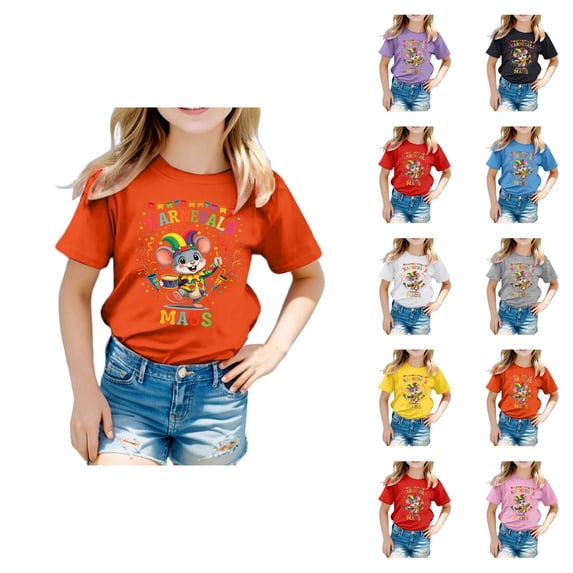 Girls Carnival Print Short Sleeve T-Shirt Colorful Festival Graphic Round Neck Top for Kids 3/4 Sleeve Gradient T-Shirt Happy Carnival Outfits Toddler Boys Girls Crewneck Tees 2026