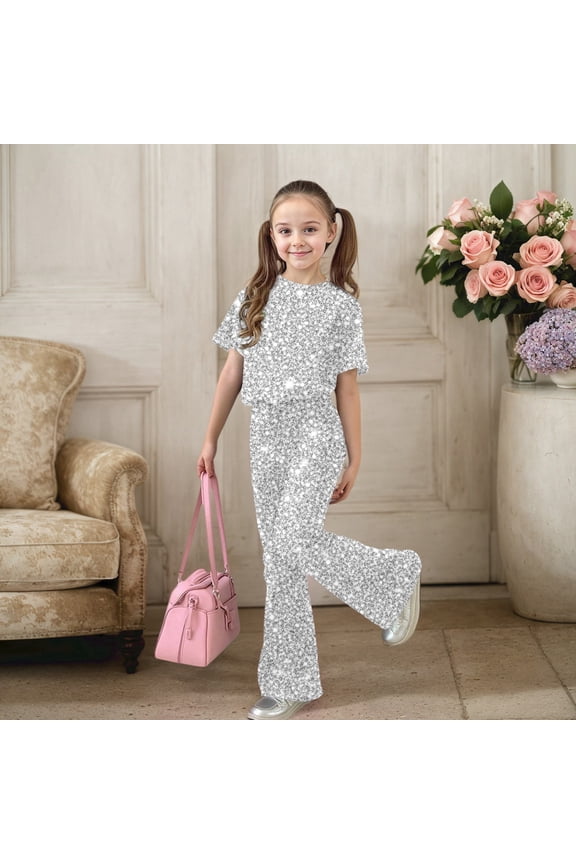 Girls Carnival Sequins 2-Piece Outfit – Short Sleeve Top & Flared Pants Set (7-13 Years)