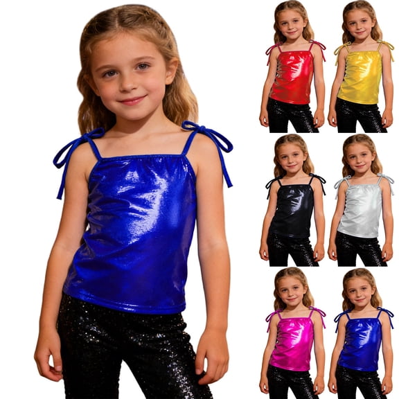 Girls Carnival Sparkly Tank Top with Adjustable Tie Straps and Longline Vest Casual Soft Party Performance for Kids Silver 14-16 Y