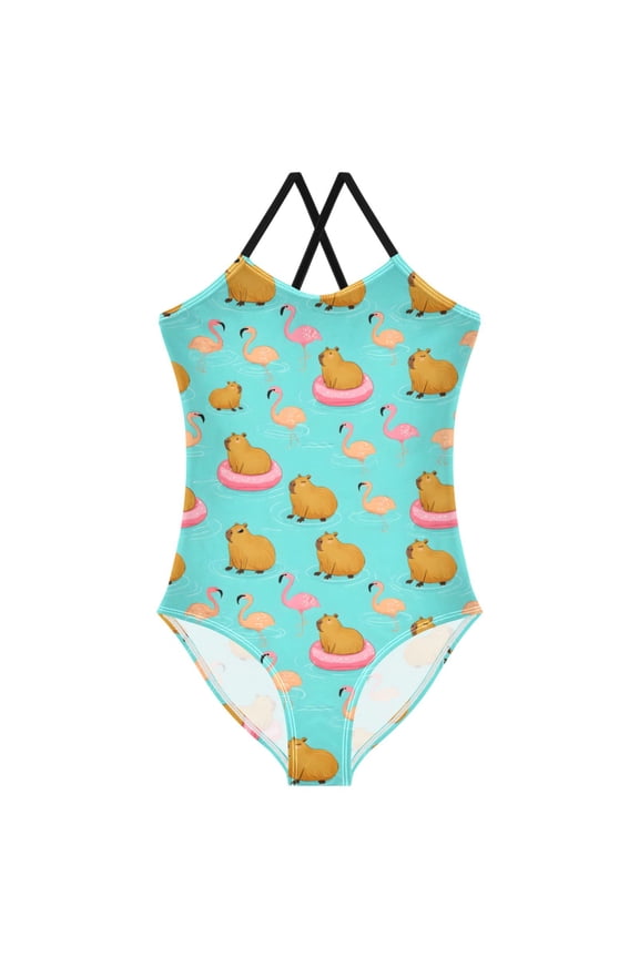 Girls Cartoon Capybara Flamingo Print One Piece Swimsuit, Cross Back Spaghetti Strap Bathing Suit for Kids Summer Beach Pool Swimwear 5-6T