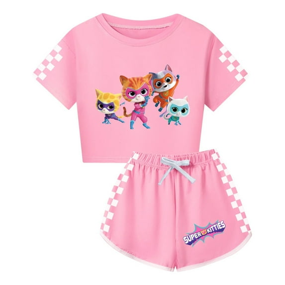 Girls Cartoon Cat 2-Piece T-Shirt Outfit Set – Kids SuperKitties Short Sleeve Tee and Drawstring Shorts