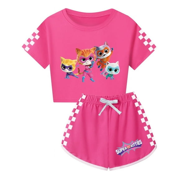 Girls Cartoon Cat 2-Piece T-Shirt Outfit Set – Kids SuperKitties Short Sleeve Tee and Drawstring Shorts
