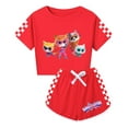 thumbnail image 1 of Girls Cartoon Cat 2-Piece T-Shirt Outfit Set – Kids SuperKitties Short Sleeve Tee and Drawstring Shorts, 1 of 4