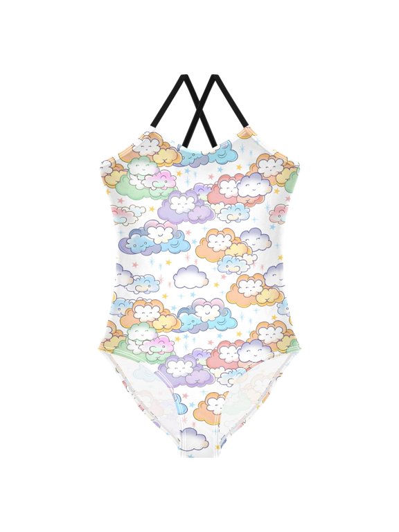 Girls Cartoon Clouds Cute Print One Piece Swimsuit, Cross Back Spaghetti Strap Bathing Suit for Kids Summer Beach Pool Swimwear 5-6T