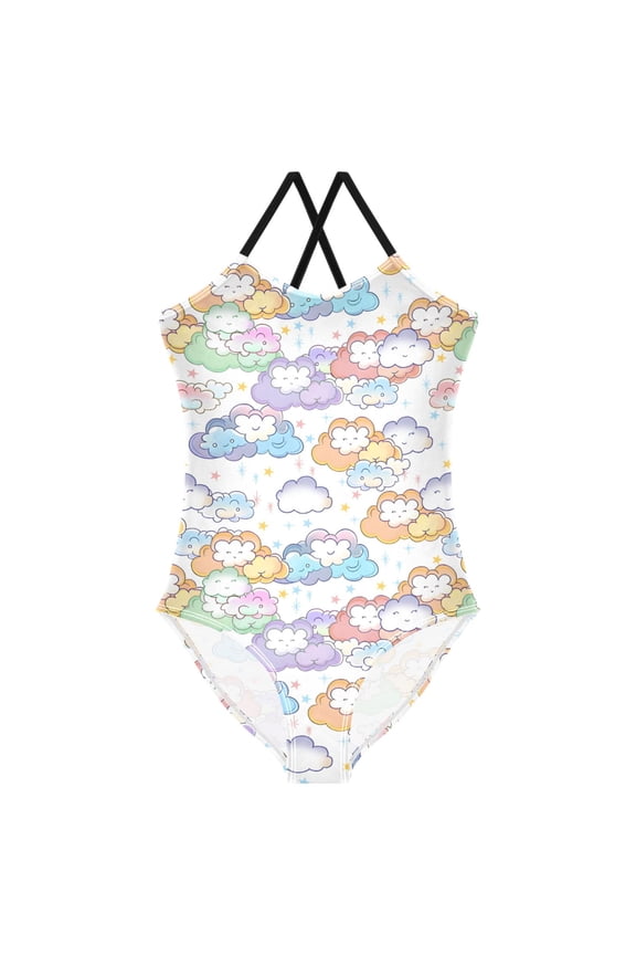 Girls Cartoon Clouds Cute Print One Piece Swimsuit, Cross Back Spaghetti Strap Bathing Suit for Kids Summer Beach Pool Swimwear 5-6T