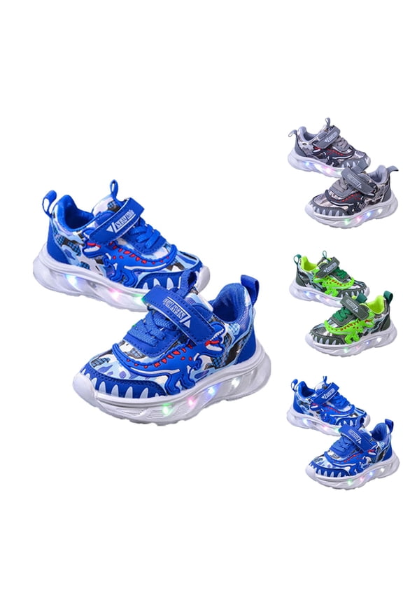 Girls' Cartoon Dinosaur Sneakers With Leather Upper And Light Up Details Casual Running Shoes Blue 12 M-18 M