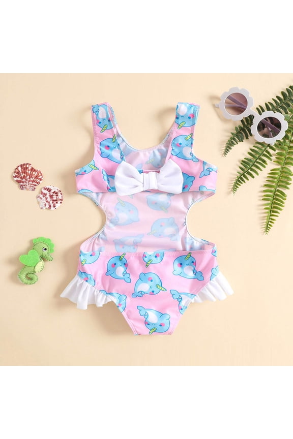 Girls Cartoon Dolphin Printed One Piece Swimsuit Sleeveless Bow Knot Ruffle Bathing Suit Swimwear for Kids Pink