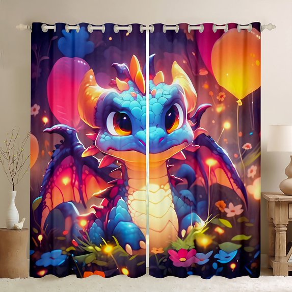 Cartoon Dragon Curtains & Drapes Bedroom Decor Magic Wildlife 30%-50% Blackout Curtains, Rainbow Floral Curtains Hippie Neon Mushroom Black Out Curtains Jungle Animal Window Drapes