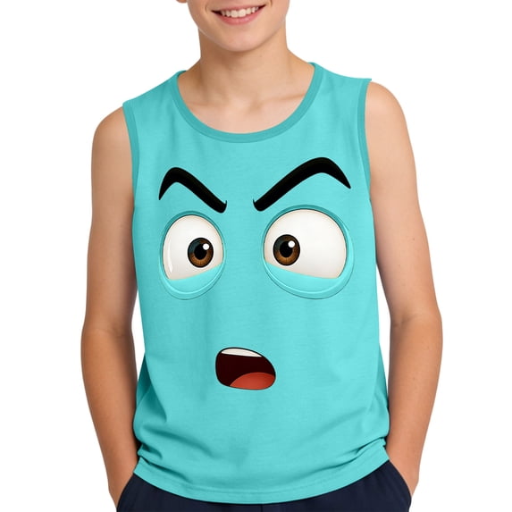 Boys Cartoon Face Tank Top Sleeveless Kids Funny Shirt Green Summer Novelty Tee Soft Polyester Spandex Casual Play Clothes,Size 6 T