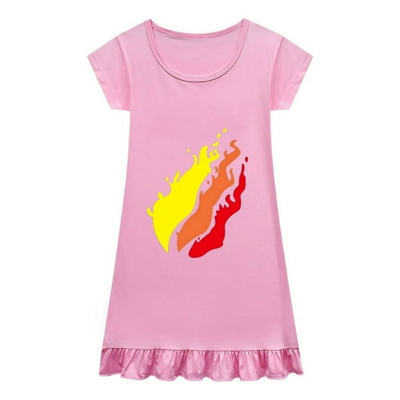 Girls Cartoon Flame Pajama Dress – Ruffle Nightgown – Preston-Inspired Sleepwear for Kids Ages 4-12