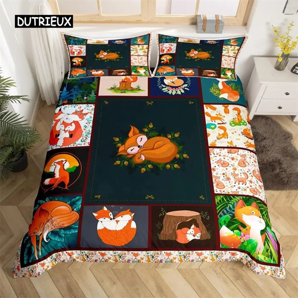 Girls Cartoon Fox Duvet Cover Kawaii Animal Comforter Cover Microfiber